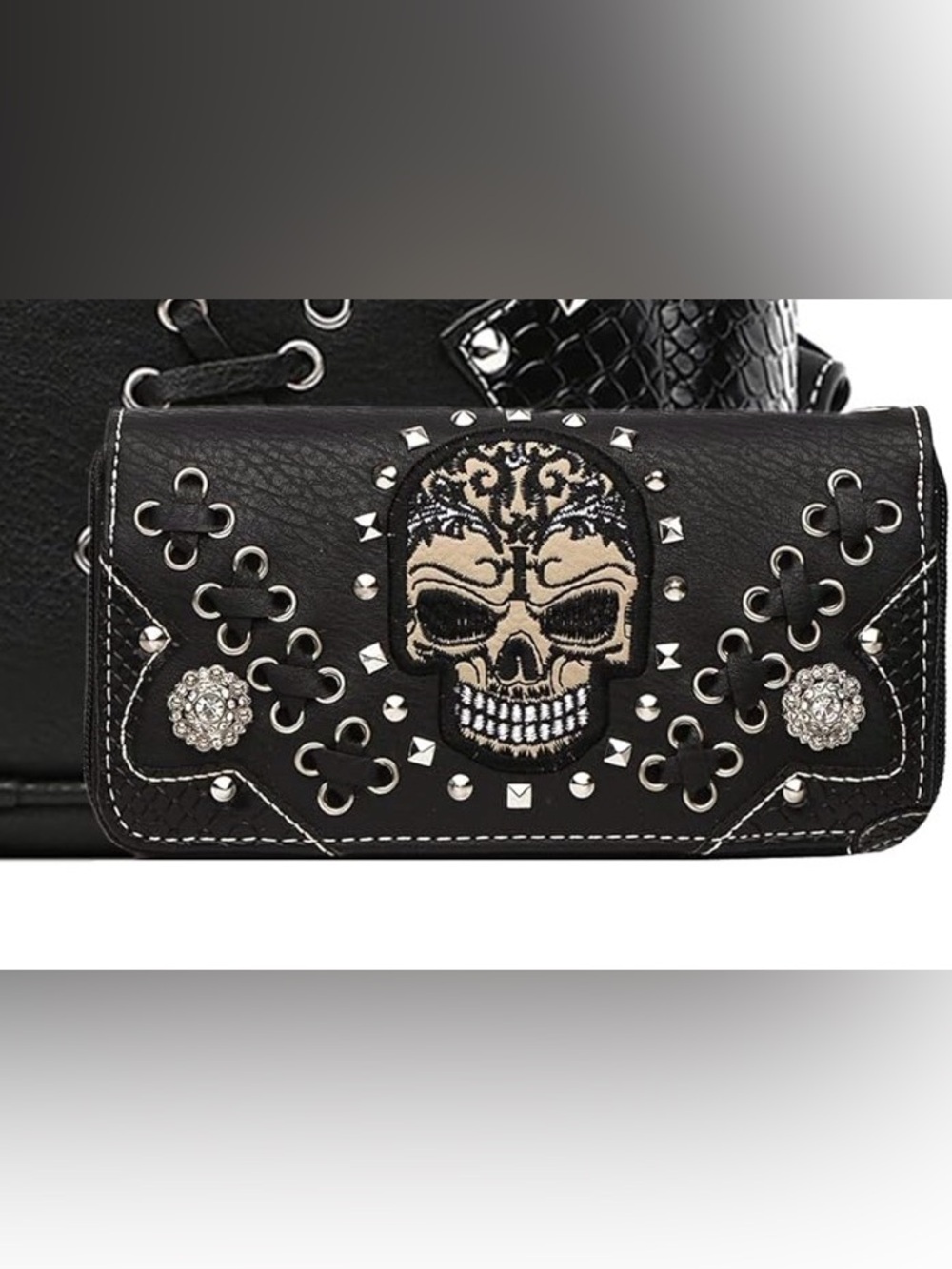 Embroidered Skull Black Women’s Wallet with Stud & Rhinestone Detail